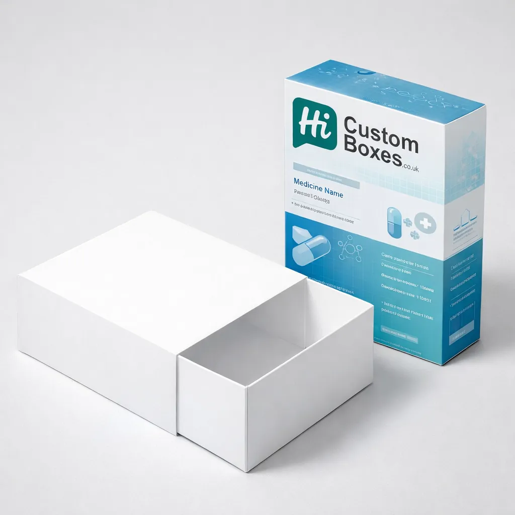 A white cardboard drawer-style box pulled open alongside a blue branded pharmaceutical sleeve. class=